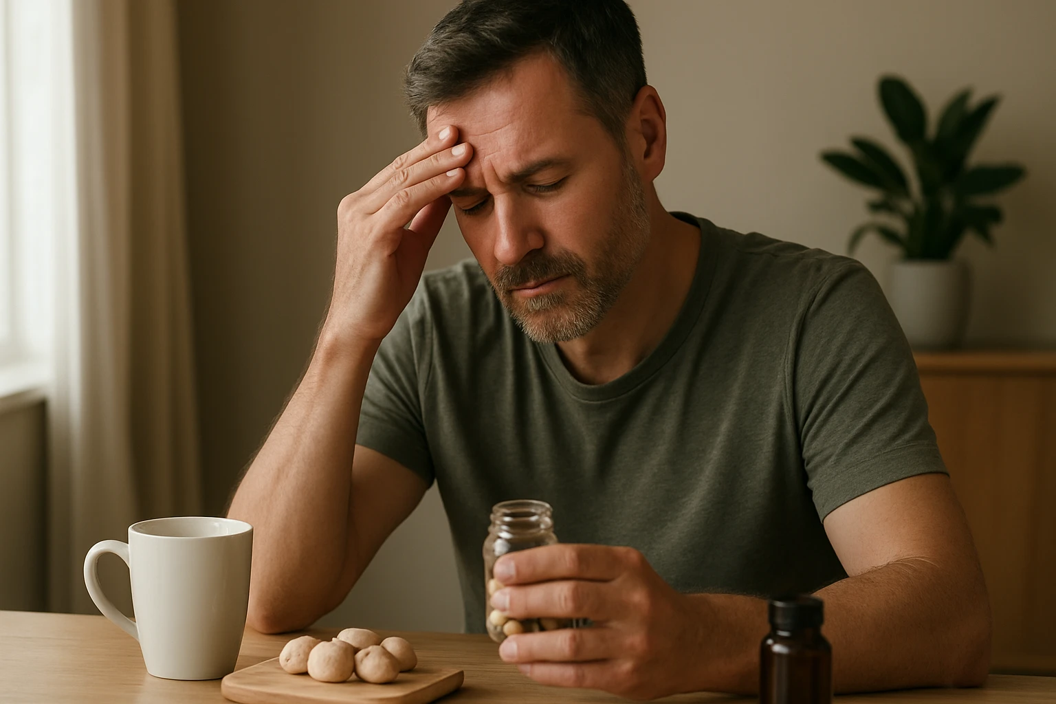 Muž zvažuje prírodné suplementy pre zdravie a pohodu.