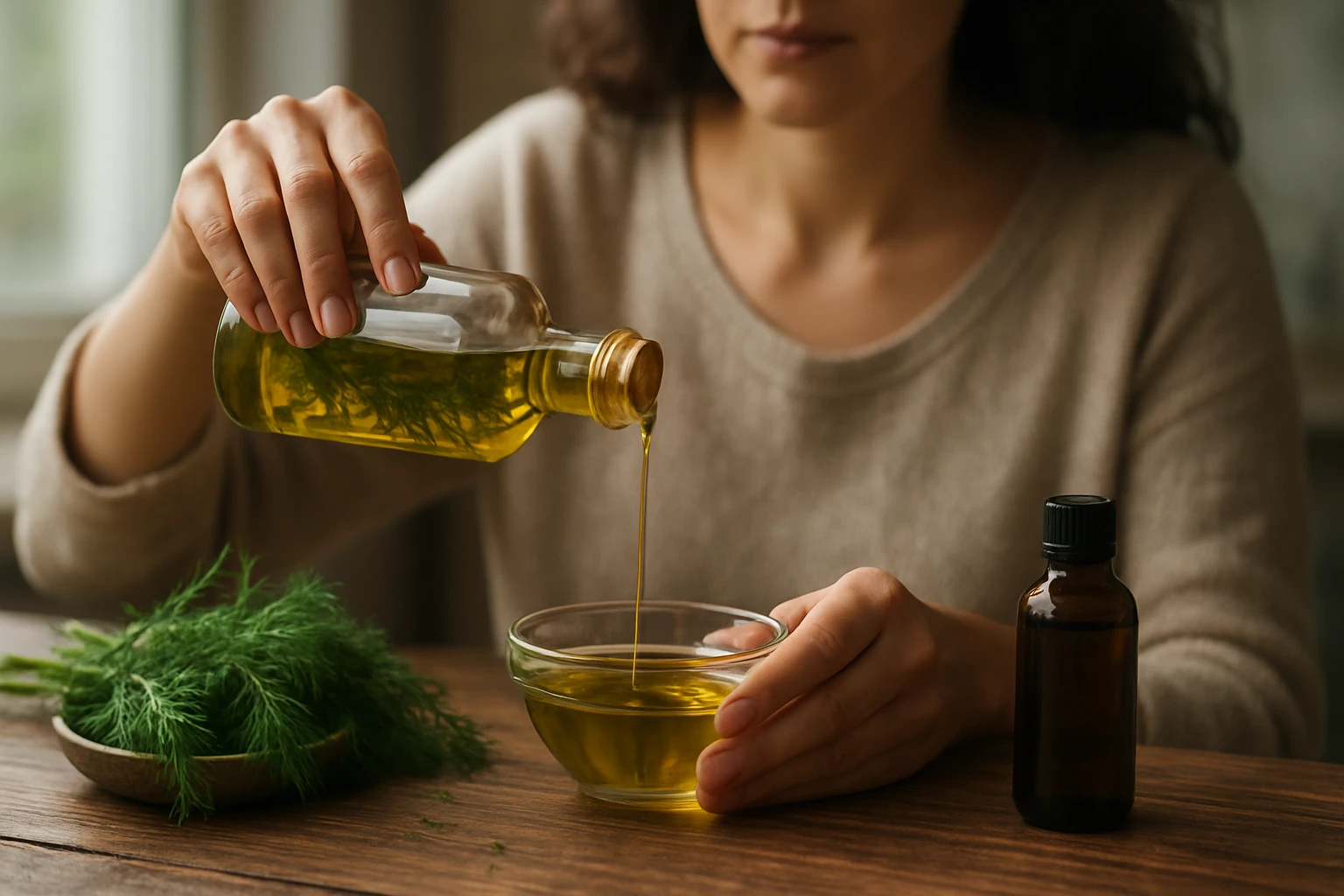 Žena nalieva kôprový olej do misky, vedľa čerstvej kôpru.