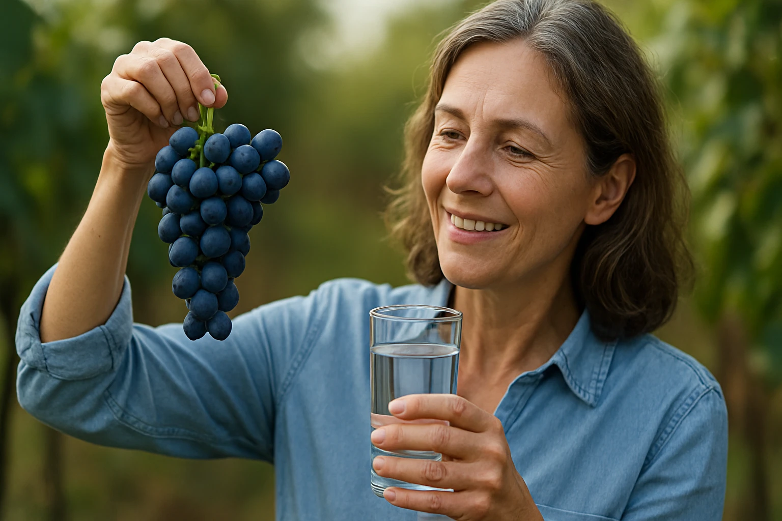 Žena drži hrozno a pohár vody na pozadí vinice.