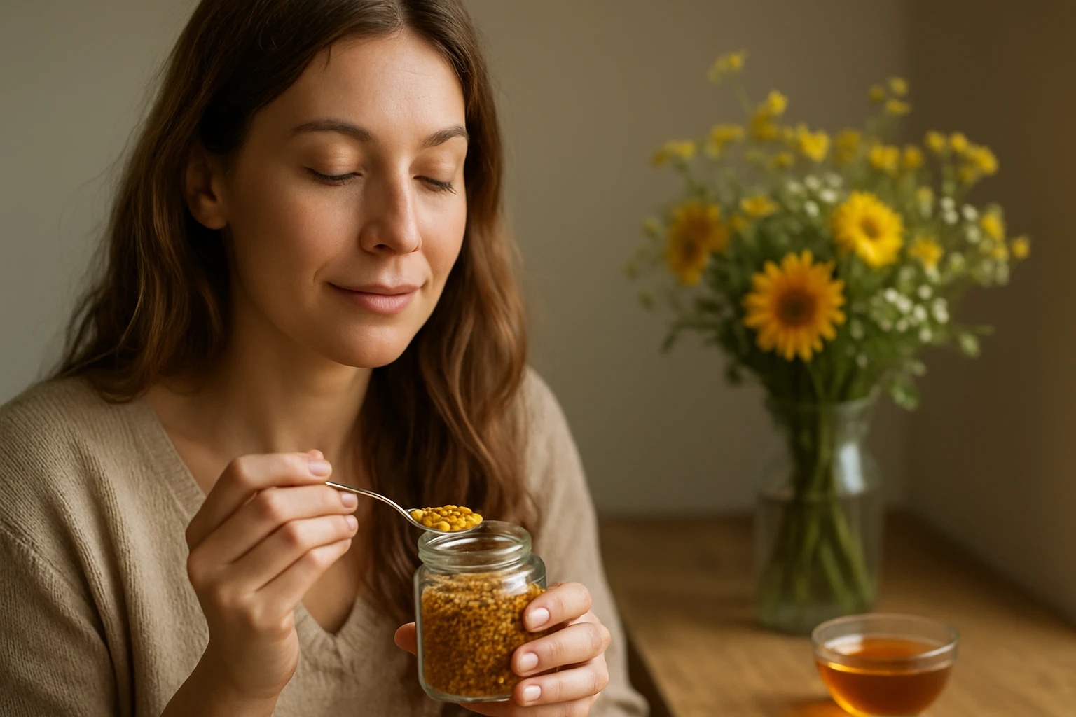 Žena s peľom a čajom užíva si zdravé návyky