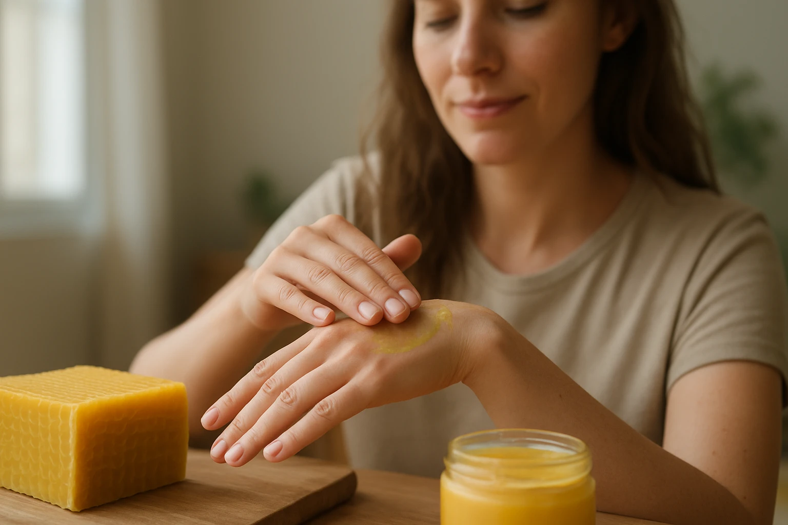 Žena nanáša včelí vosk na ruku, starostlivosť o pokožku