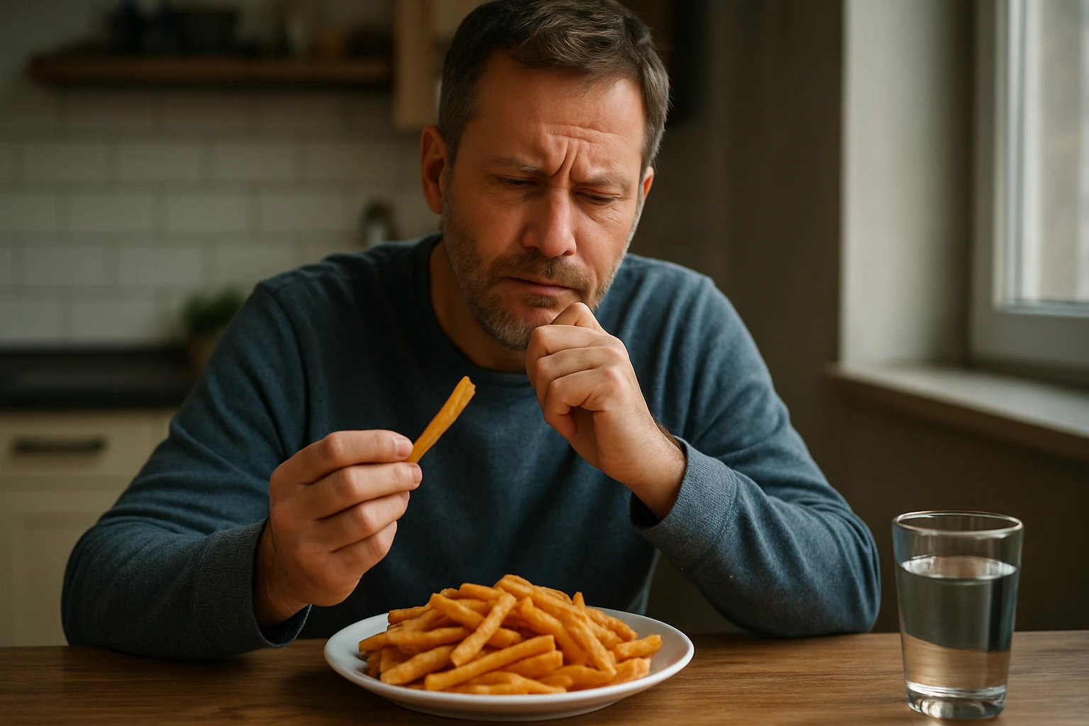 Muž premýšľa nad vyprážanými zemiakmi na tanieri