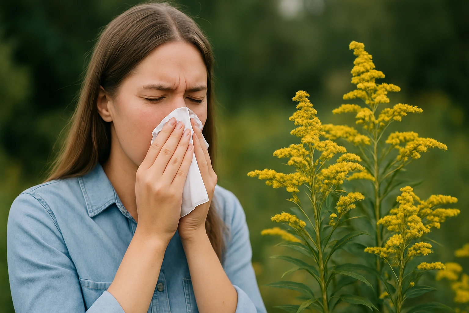 Žena s alergiou na ambróziu, čistí si nos v prírode.