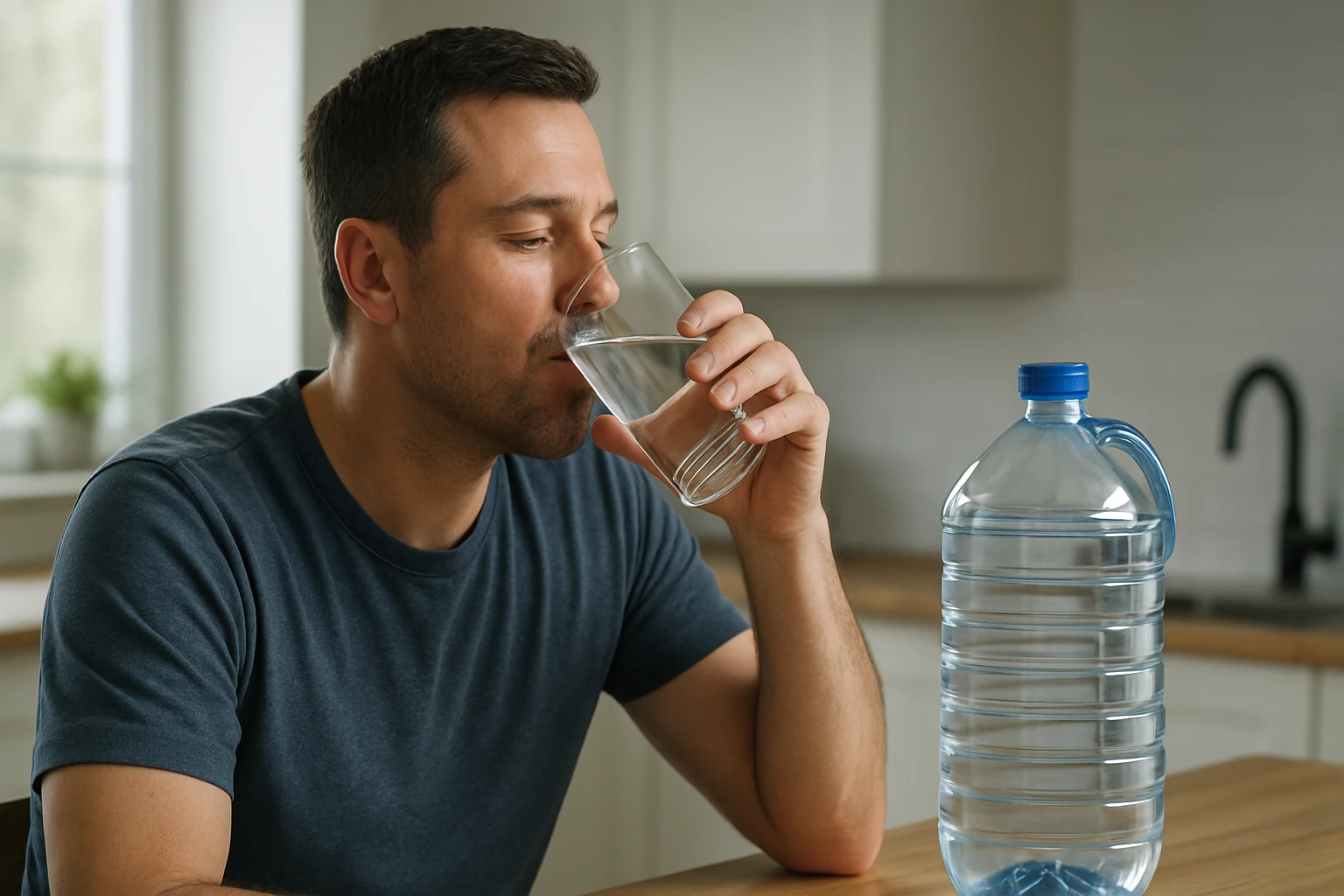 Muž pije destilovanú vodu z pohára pri stole.