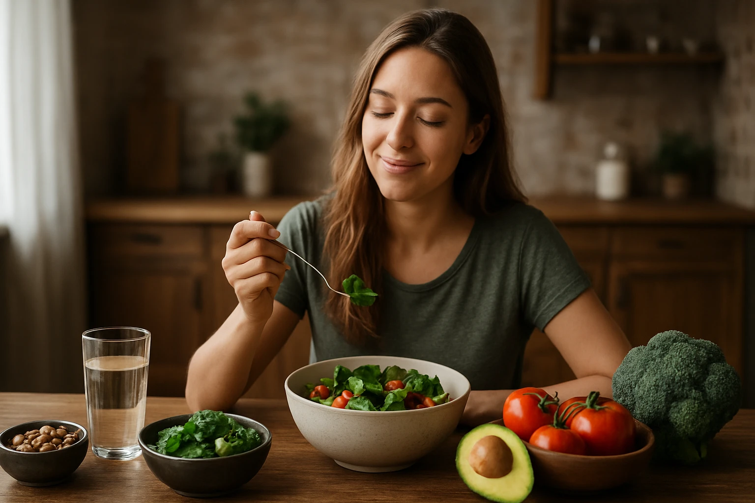 Žena si vychutnáva zdravý šalát s čerstvou zeleninou.