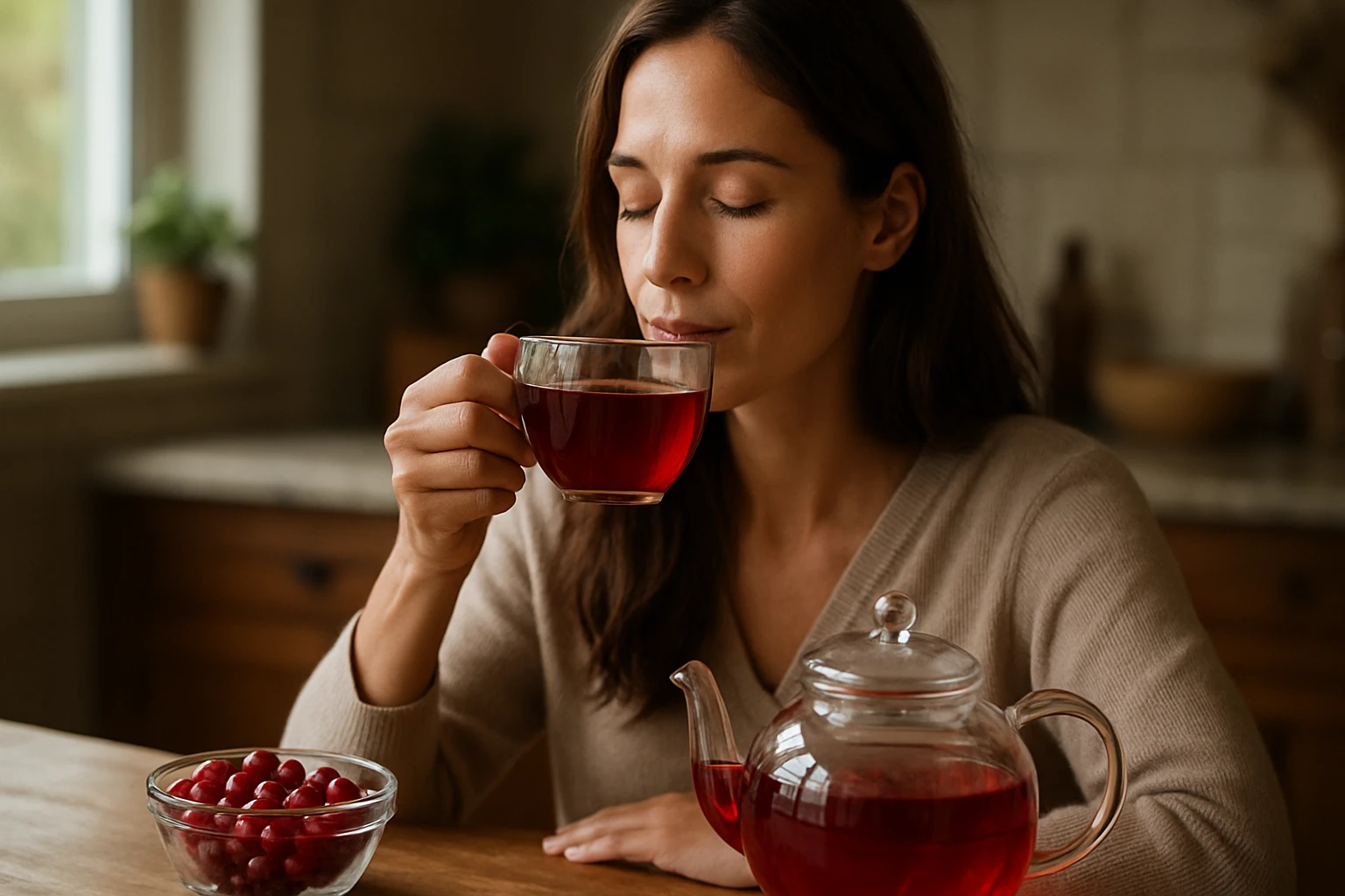 Žena vychutnáva čaj z brusníc pri stole s miskou brusníc.