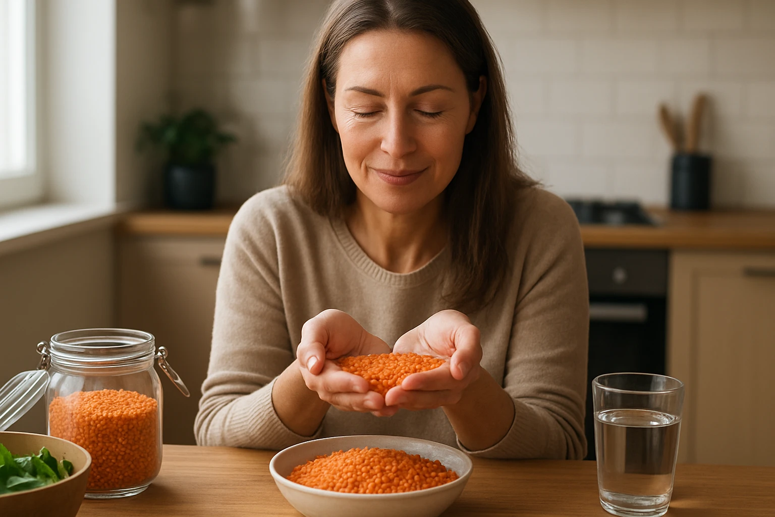 Žena skúma červenú šošovicu v kuchyni s jedlom a vodou.