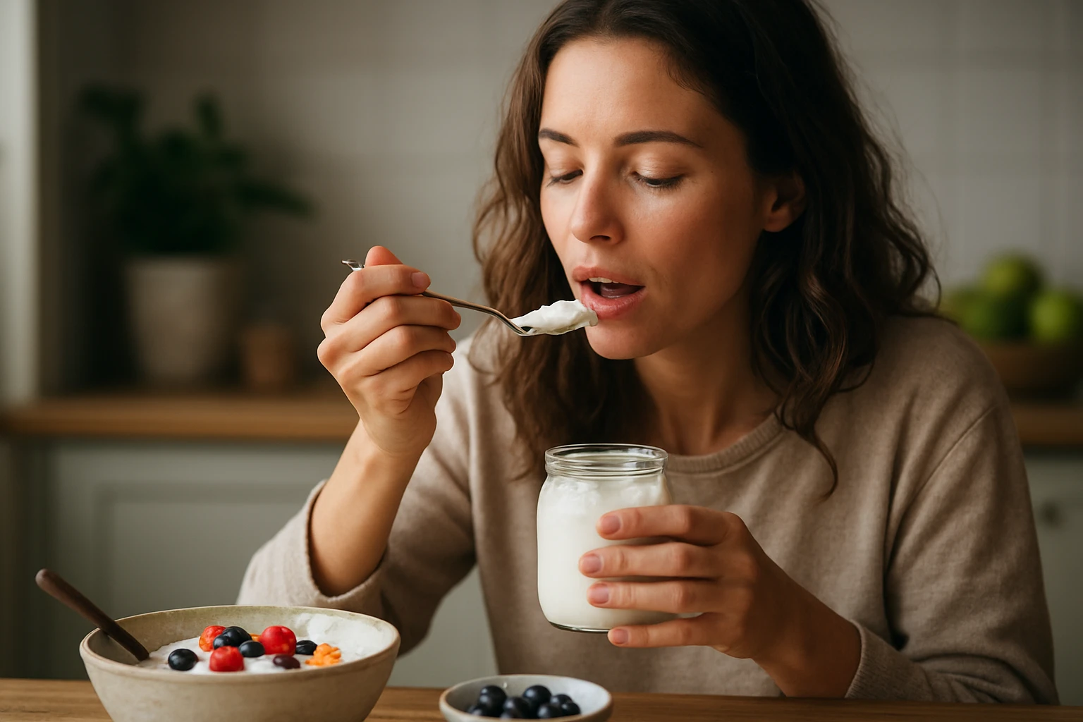 Žena vychutnáva jogurt so zdravými prísadami.