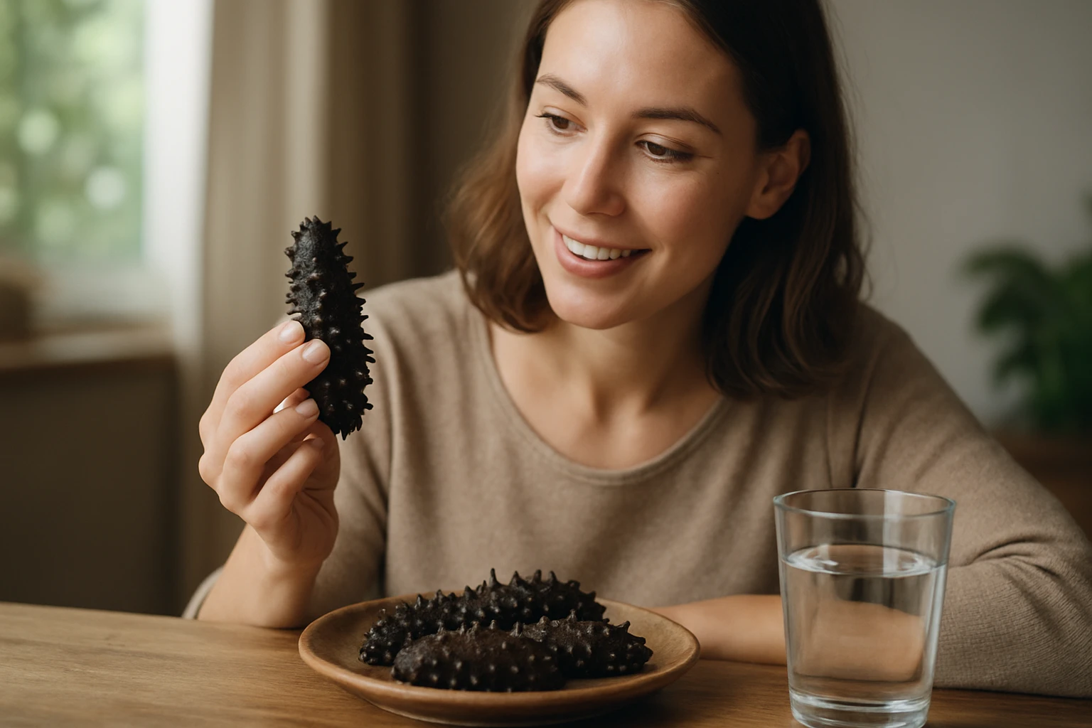 Žena s morskou uhorkou a pohárom vody na stole
