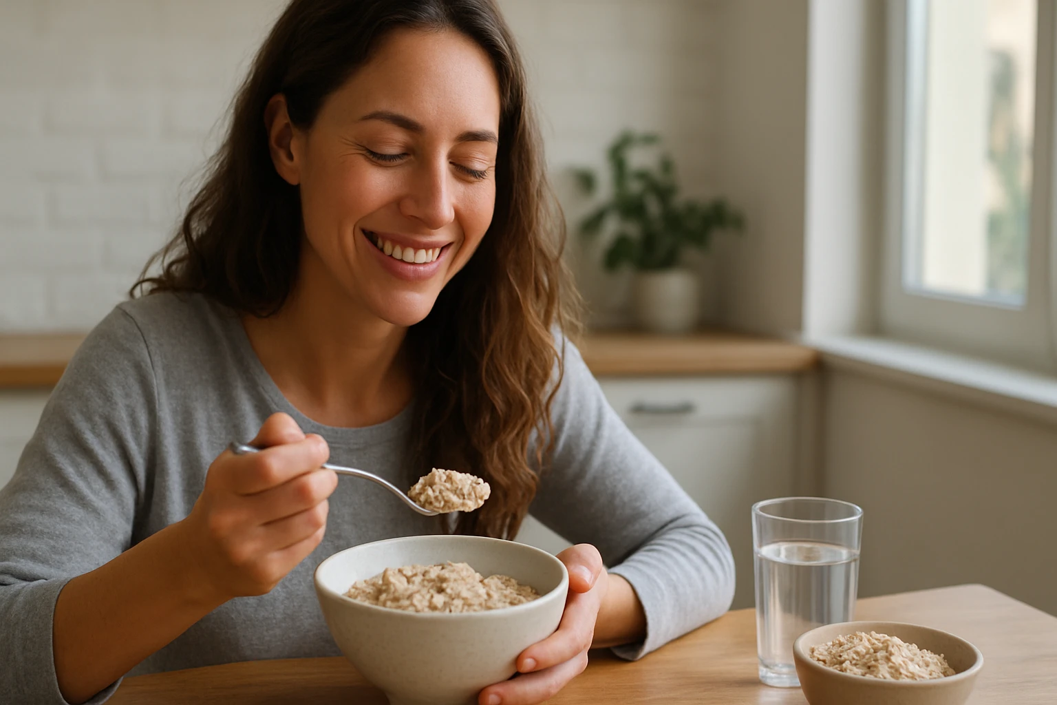 Žena si vychutnáva ovsené vločky na zdravé raňajky.