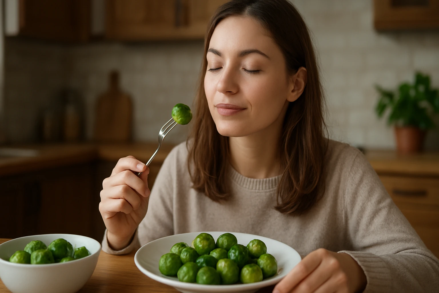 Žena vychutnávajúca si ružičkový kel na tanieri.