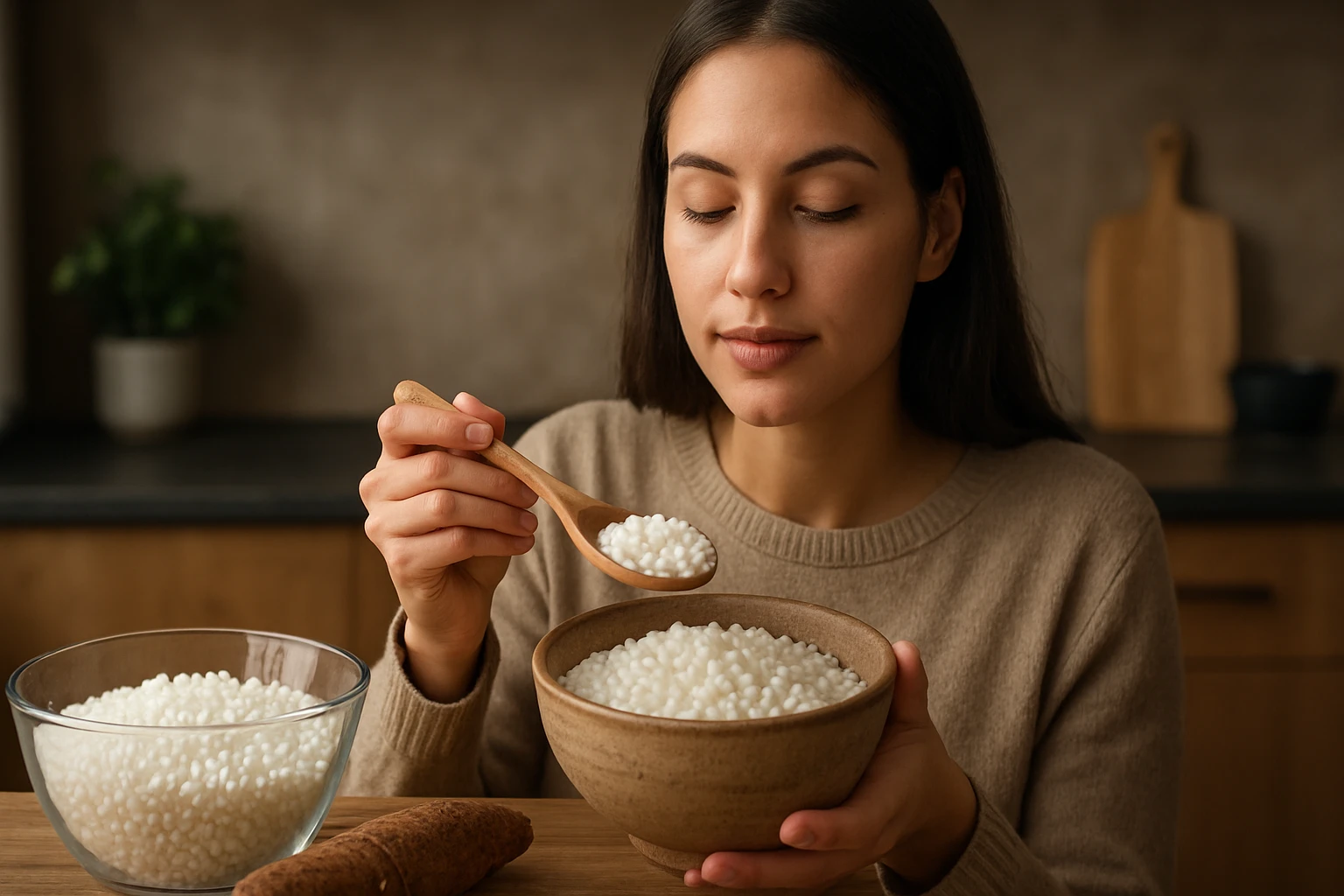 Žena ochutnávajúca tapioku z drevenej lyžice v kuchyni