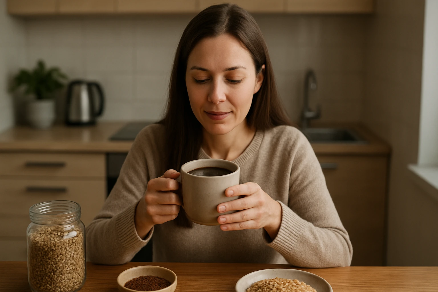 Žena pije obilninovú kávu v útulnej kuchyni.