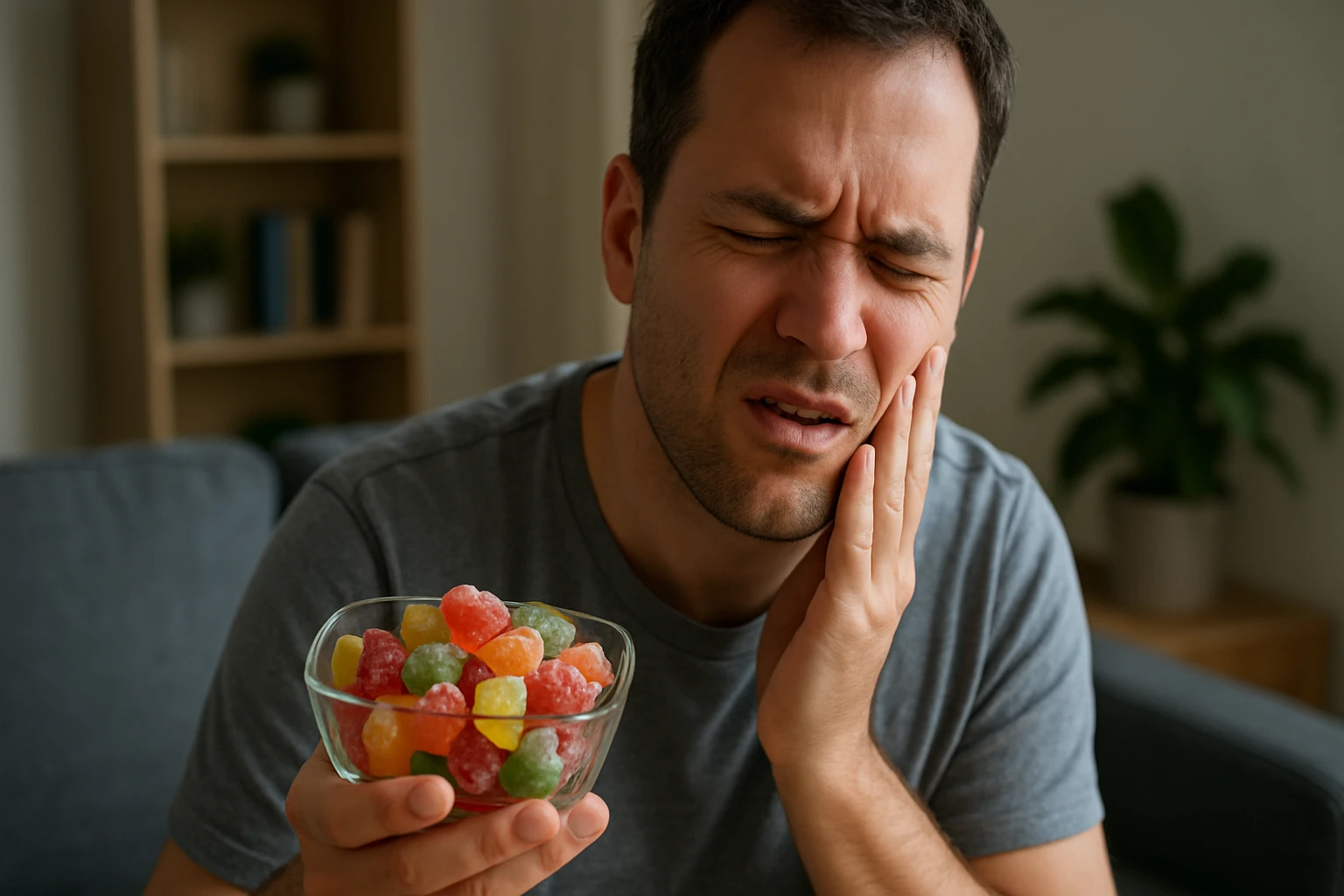 Muž s bolestivým výrazom držiaci misku gumových cukríkov.
