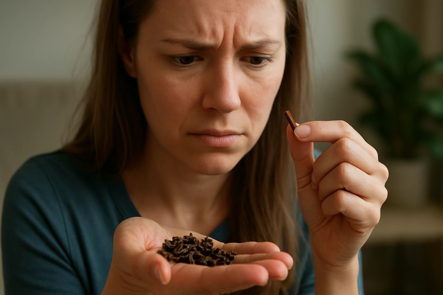 Žena skúma klinčeky, vážna reakcia na bylinkové liečivá