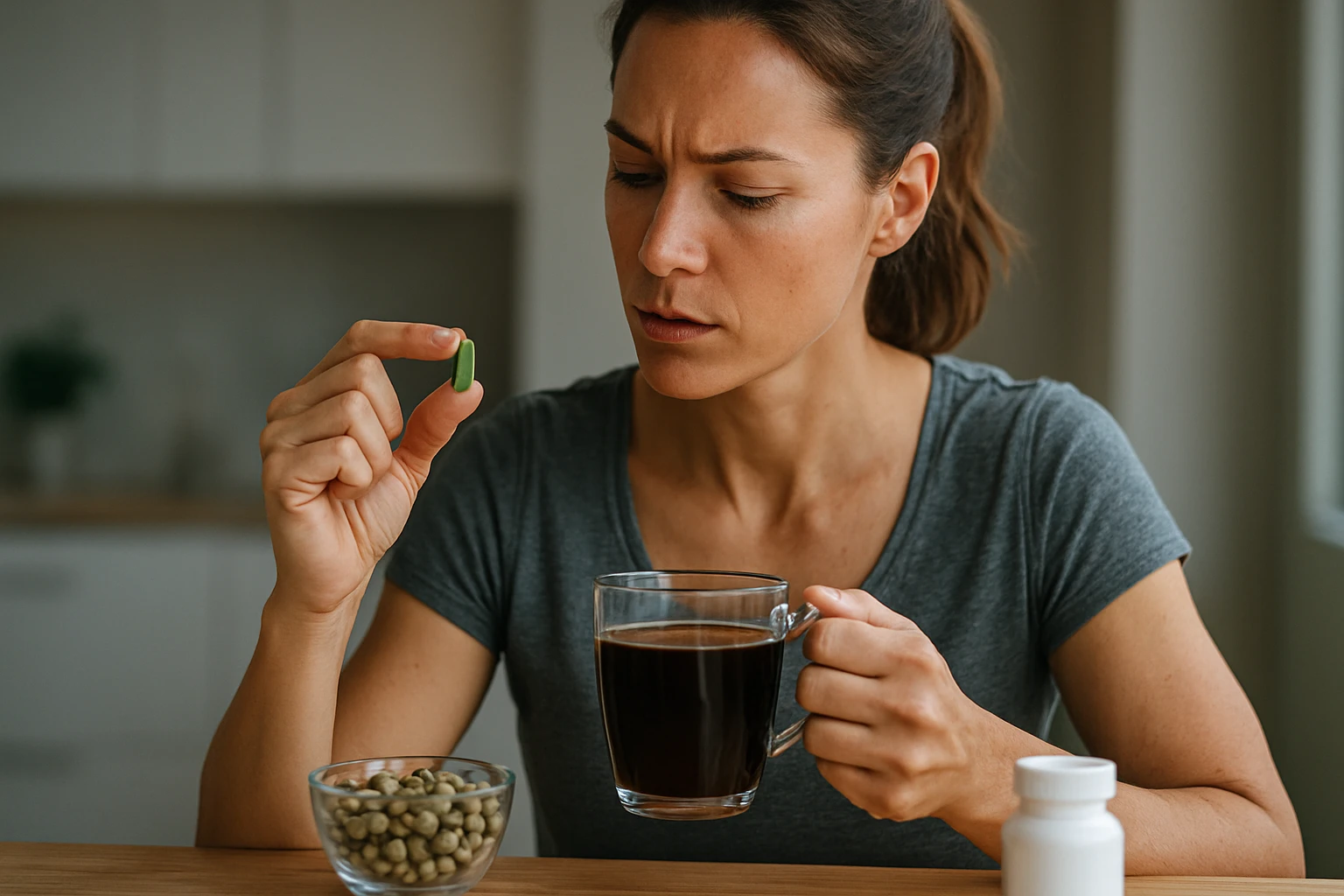 Žena drží zelenú kávu a tabletku, zamyslená nad účinkami.