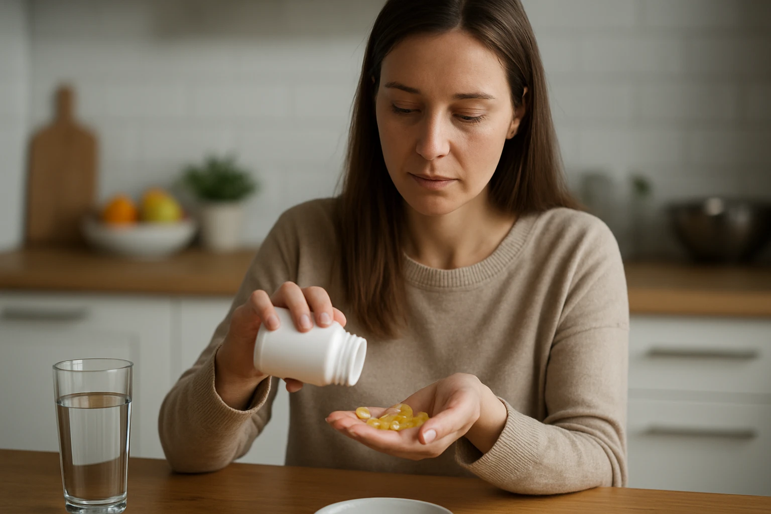Žena užívajúca výživový doplnok na zníženie cholesterolu