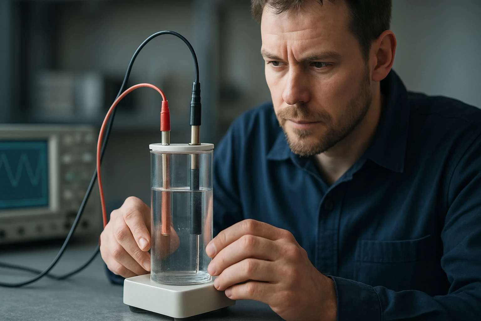 Muž skúma anódu v elektrochemickom experimente.