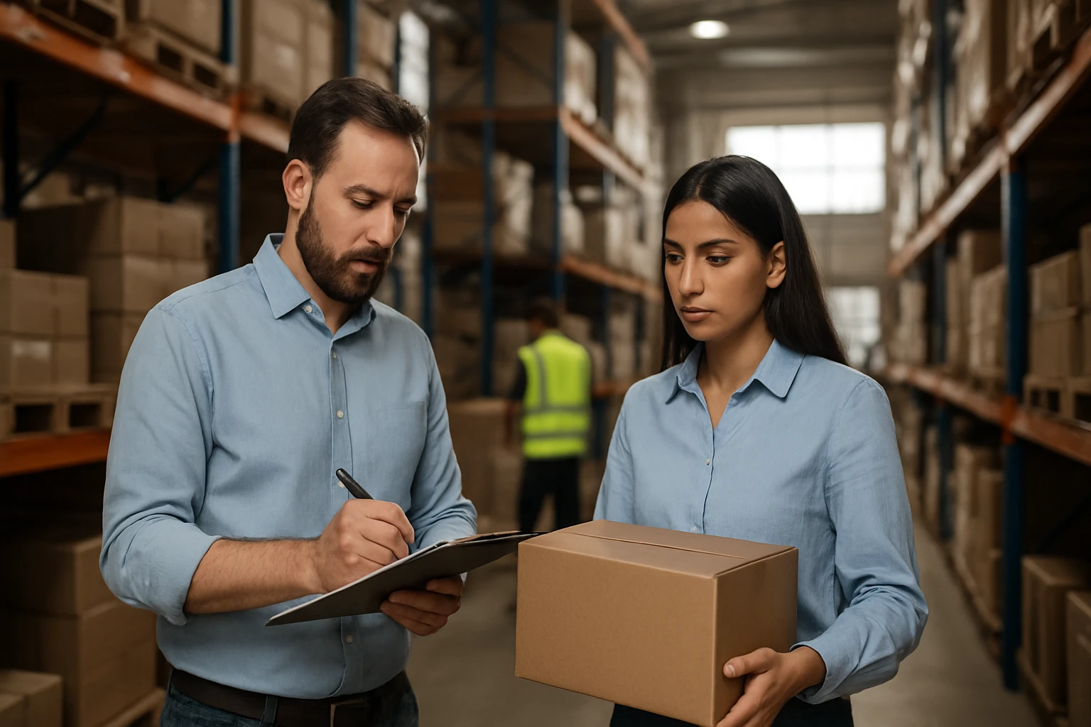 Zamestnanci v sklade kontrolujú zásoby a vychystávajú tovar.