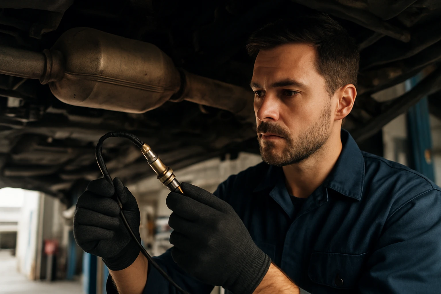 Mechanik kontroluje zadnú lambda sondu pod automobilom