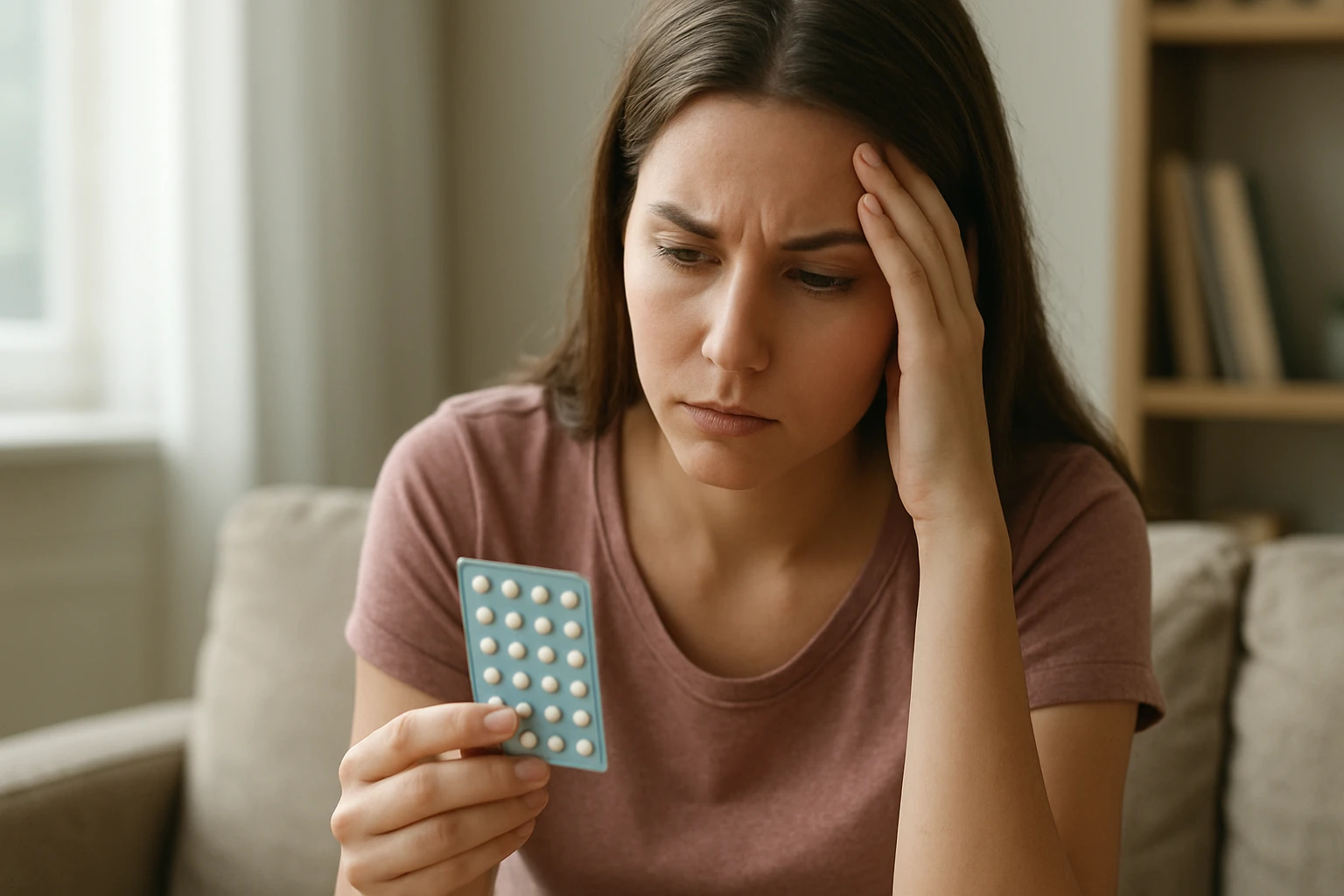 Žena s tabletou núdzovej antikoncepcie v obave po nechránenom styku.