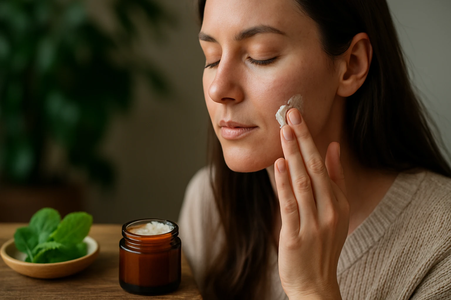 Žena aplikuje aktívny balzam na pokožku tváre pre prírodnú starostlivosť.