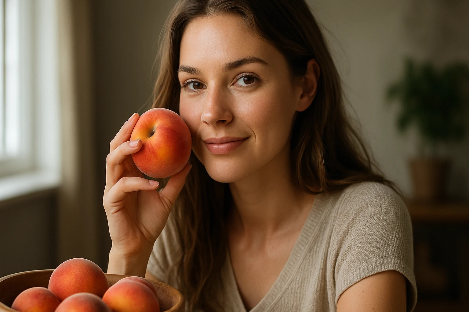 Žena drži broskyňu, symbol zdravia a krásy, s miskou broskýň na stole.