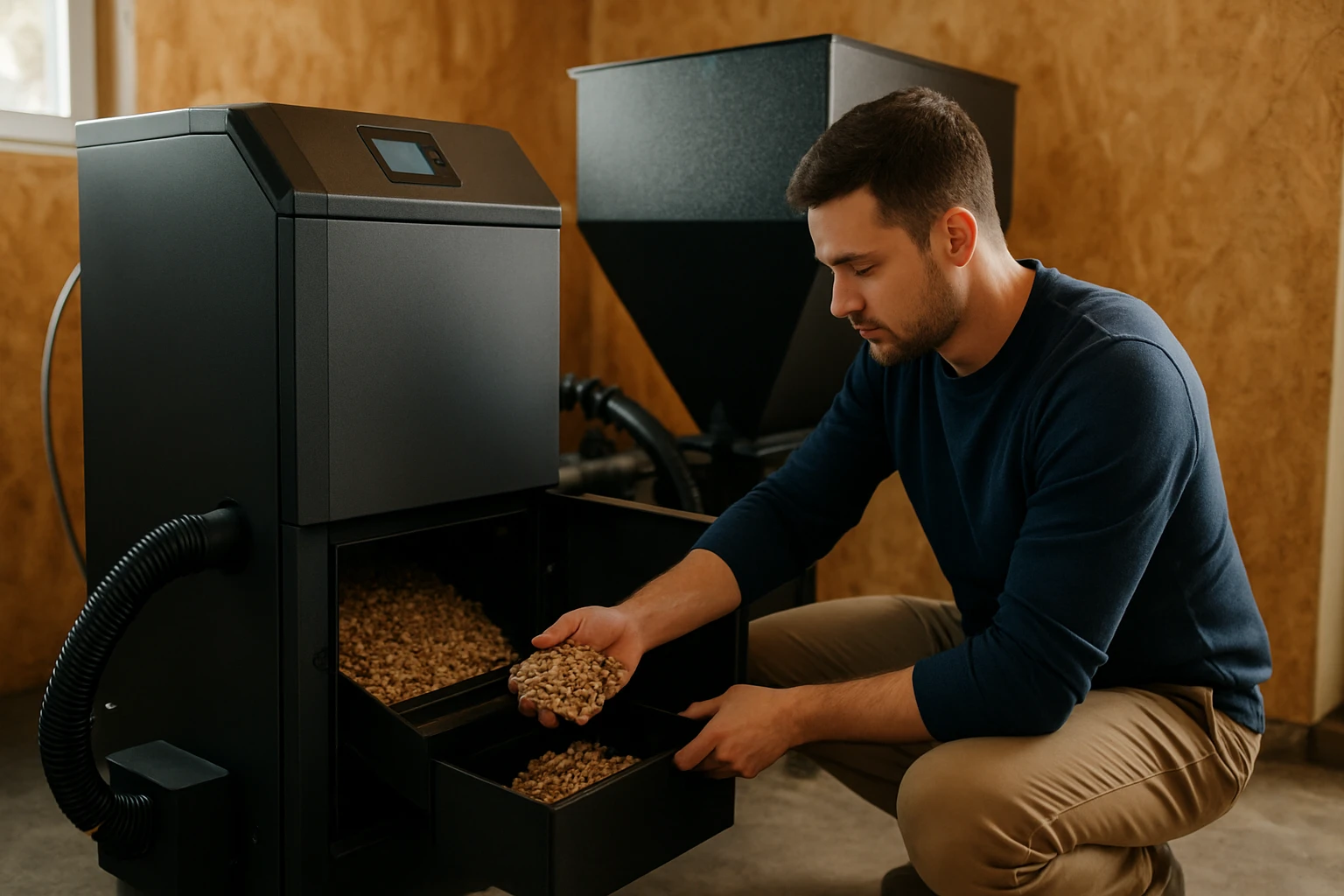 Muž manipulujúci s kotlom na piliny v domácnosti.