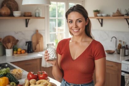 Žena s vitamínmi v kuchyni, podporujúca imunitný systém.