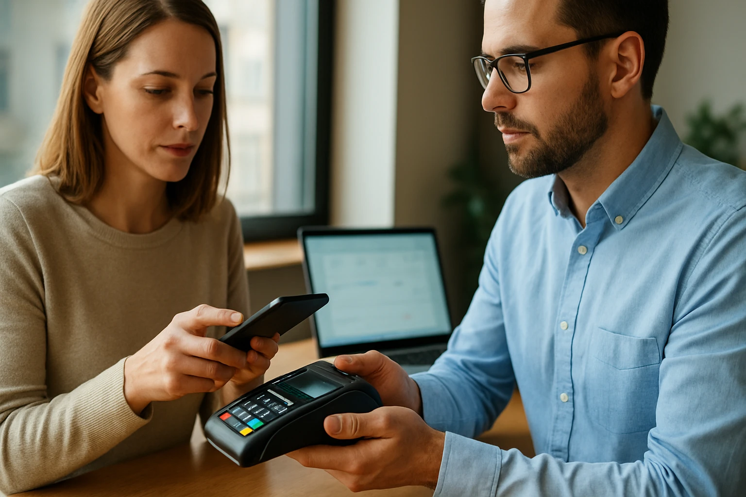Pár diskutuje o finančných transakciách prostredníctvom mobilného a platobného zariadenia.