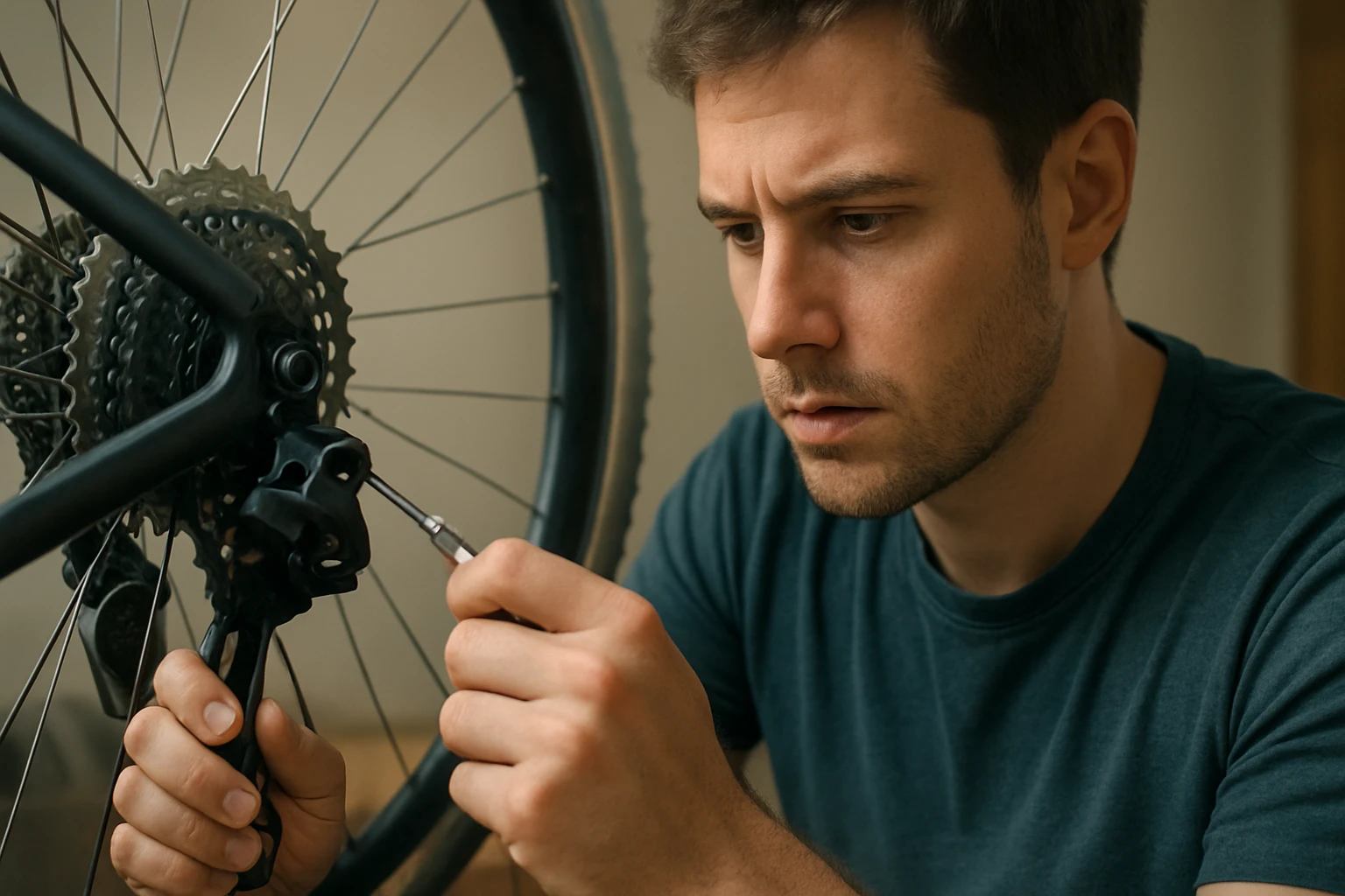 Muž opravuje kolieskový prevodový systém na bicykli.