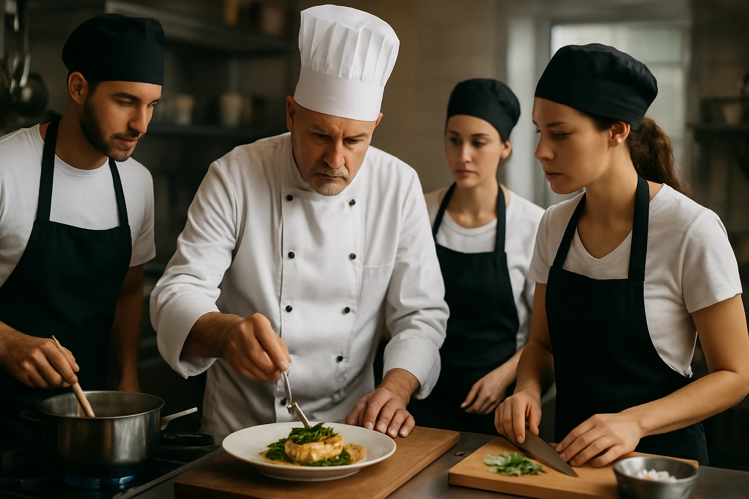 Kuchár pripravuje jedlo za pomoci študentov v kuchárskej triede.