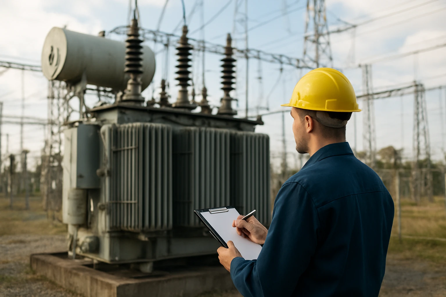 Technik kontroluje transformátor v elektrickej stanici.