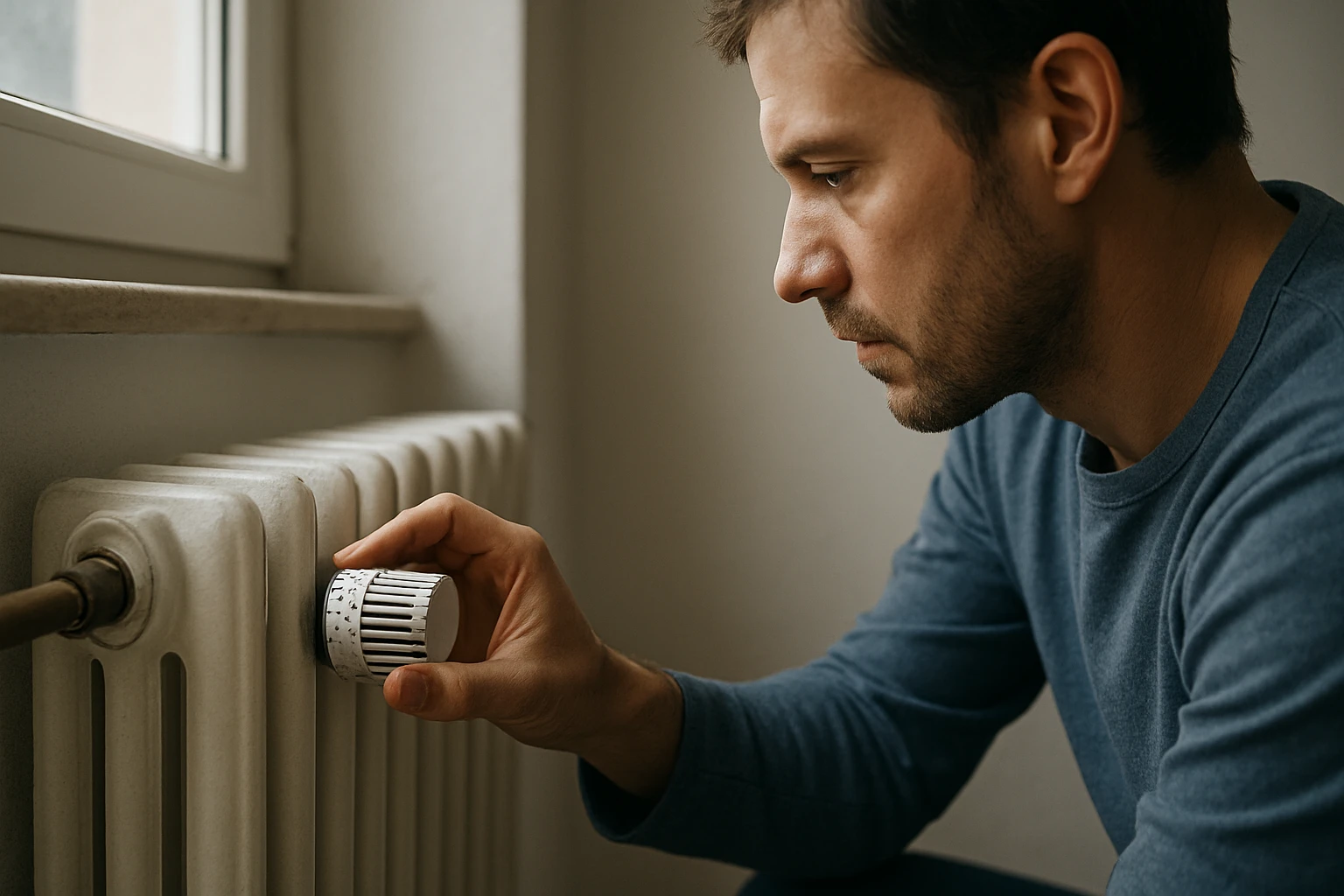 Muž nastavuje termostat na radiátore pre optimálne vykurovanie