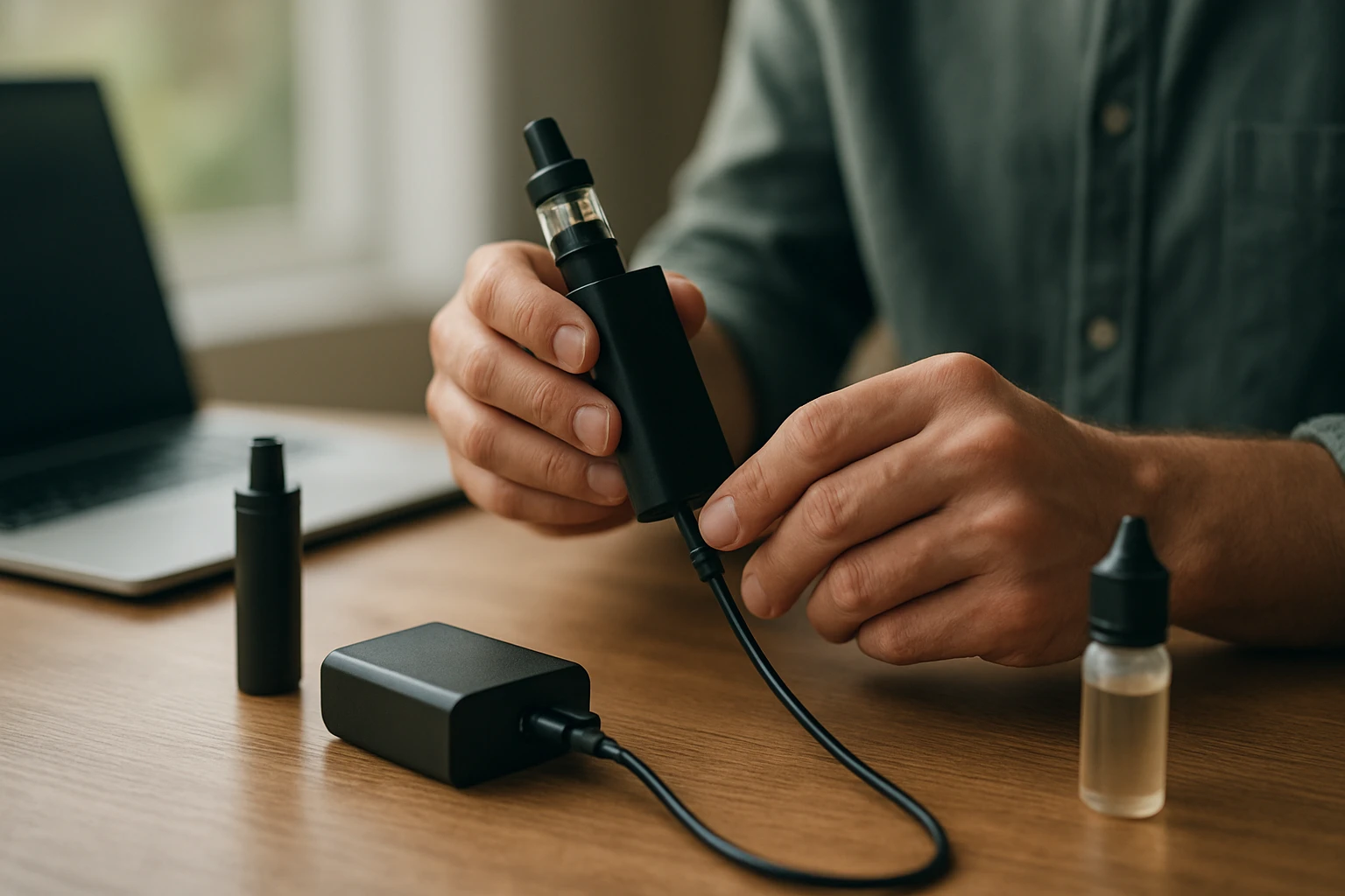 Osoba nabíjajúca elektronickú cigaretu s nabíjačkou na stole.