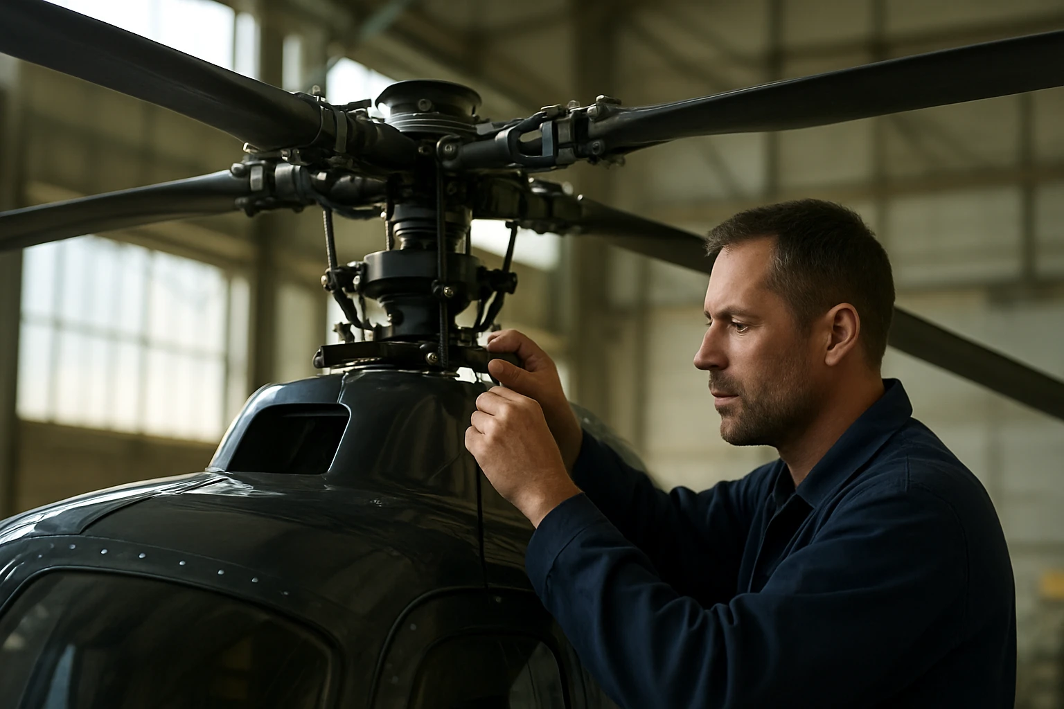 Mechanik kontroluje rotor vrtuľníka v hangári