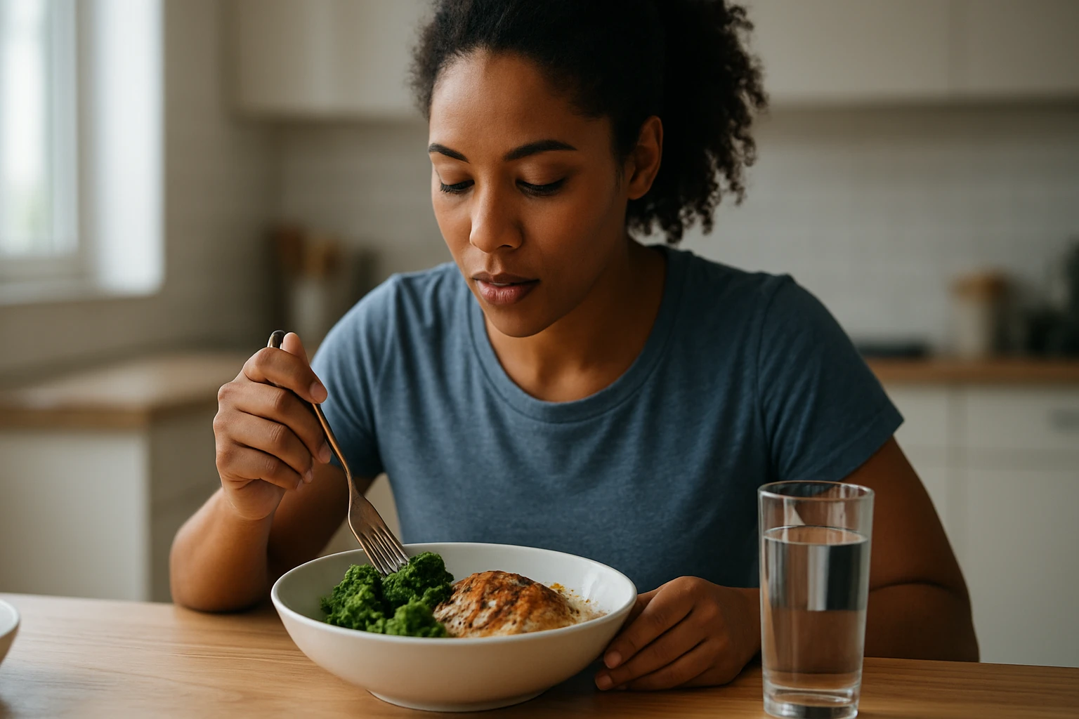 Žena konzumuje zdravé jedlo bohaté na bielkoviny.