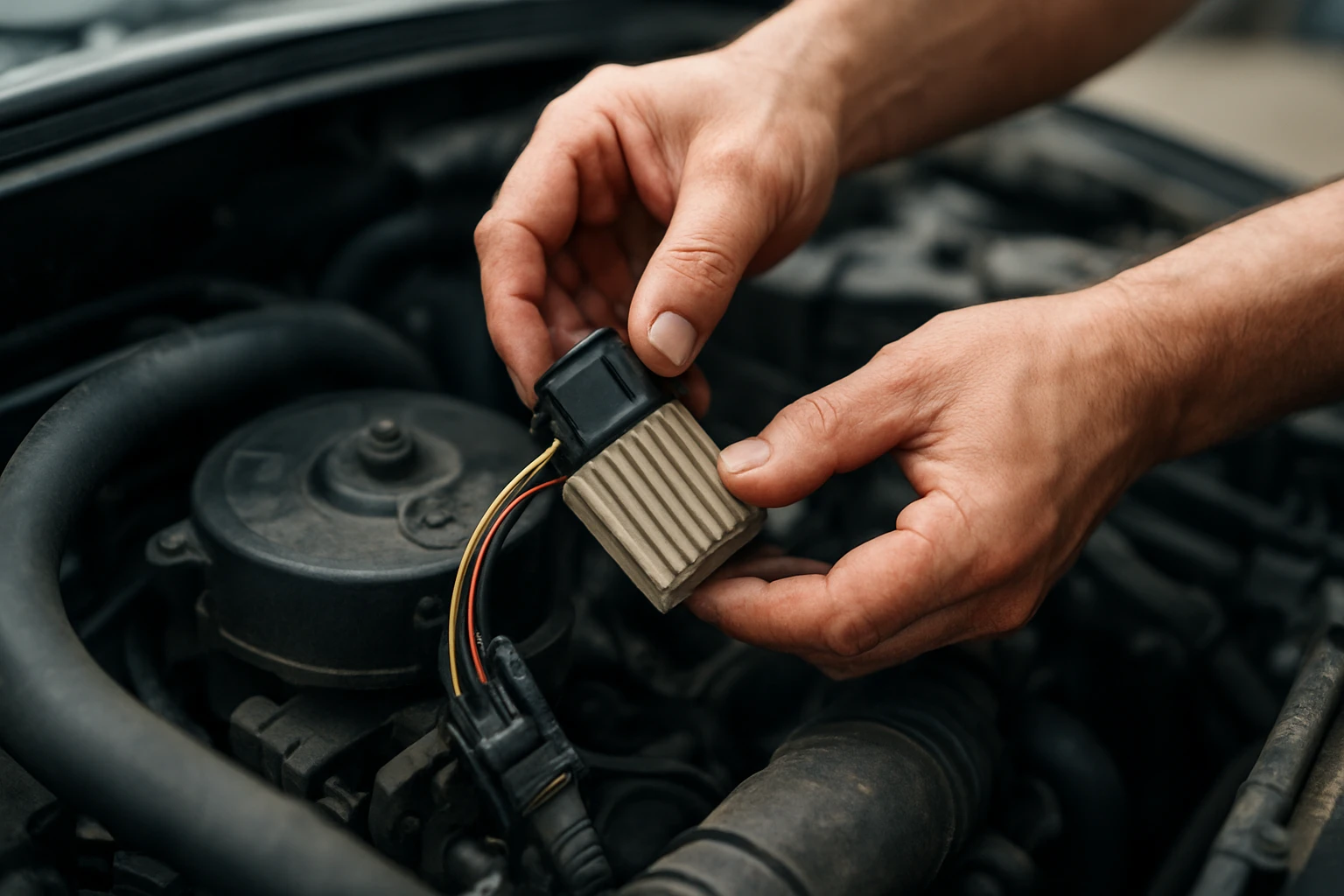 Mechanik drží predrezistor ventilátorového motora pod kapotou auta.