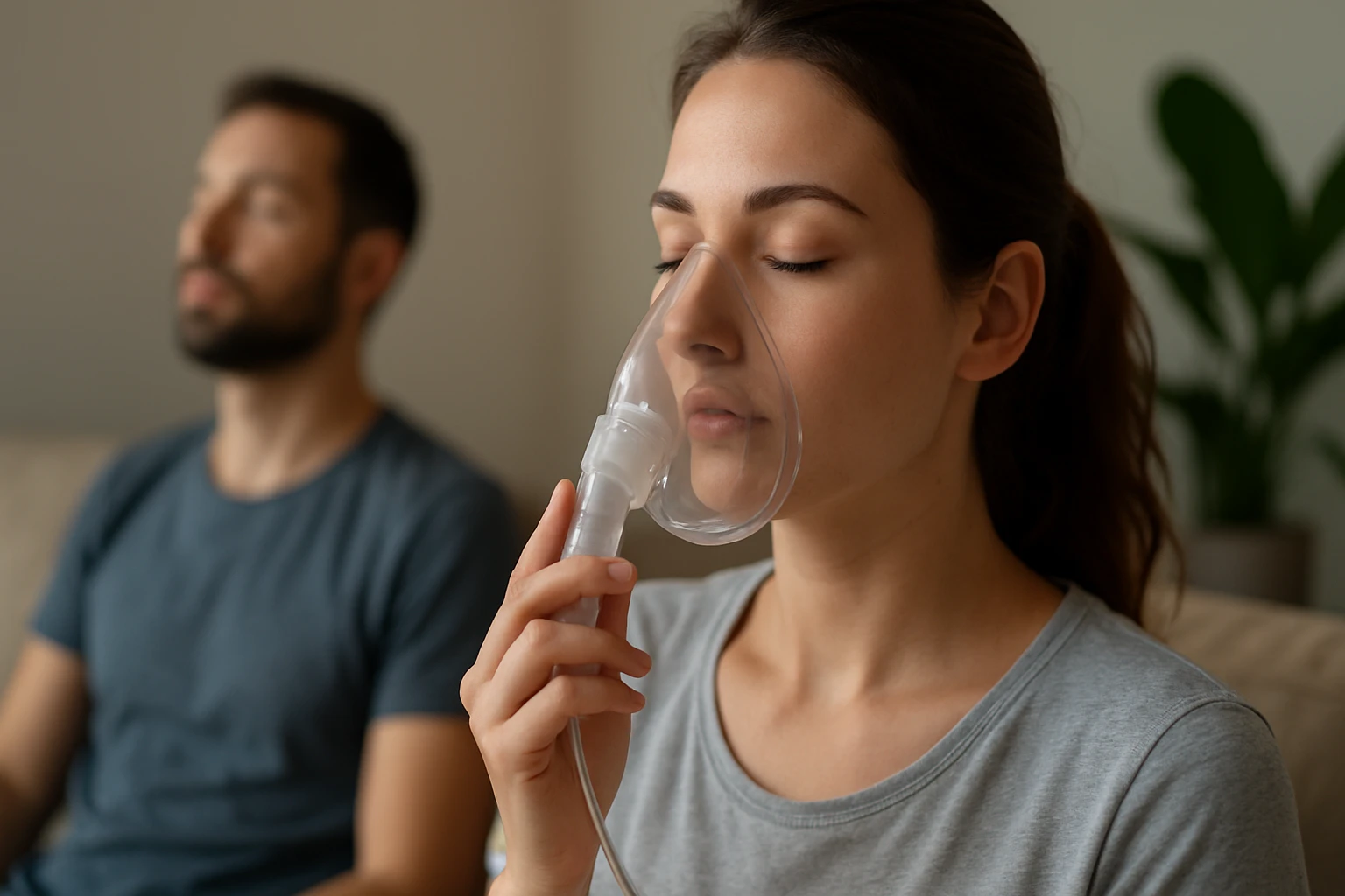 Žena používajúca masku na dýchanie s koncentrátorom oxidu uhličitého.