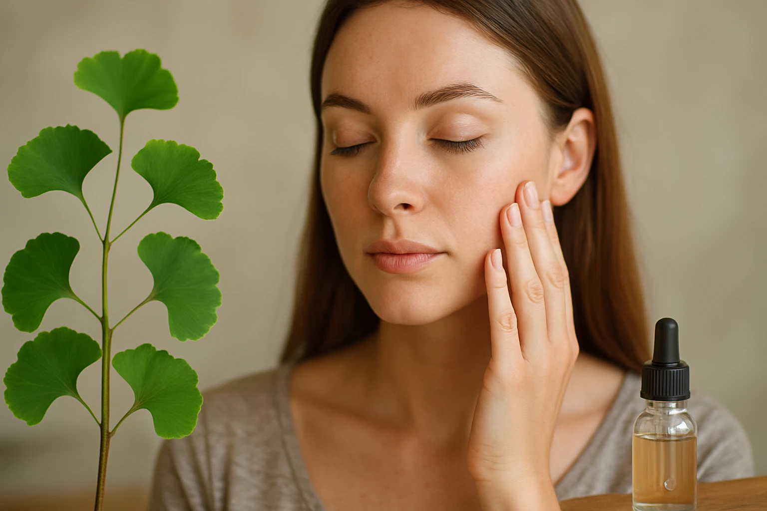 Žena s ginkgo biloba a sérum na pleť postaranou o zdravie pokožky
