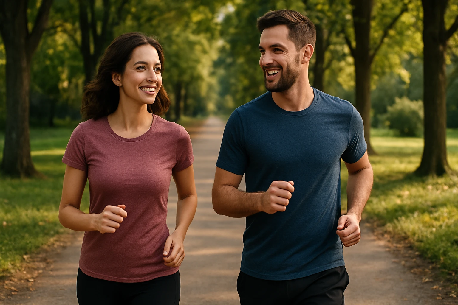 Pár bežiacich na slnečnej ceste v parku.