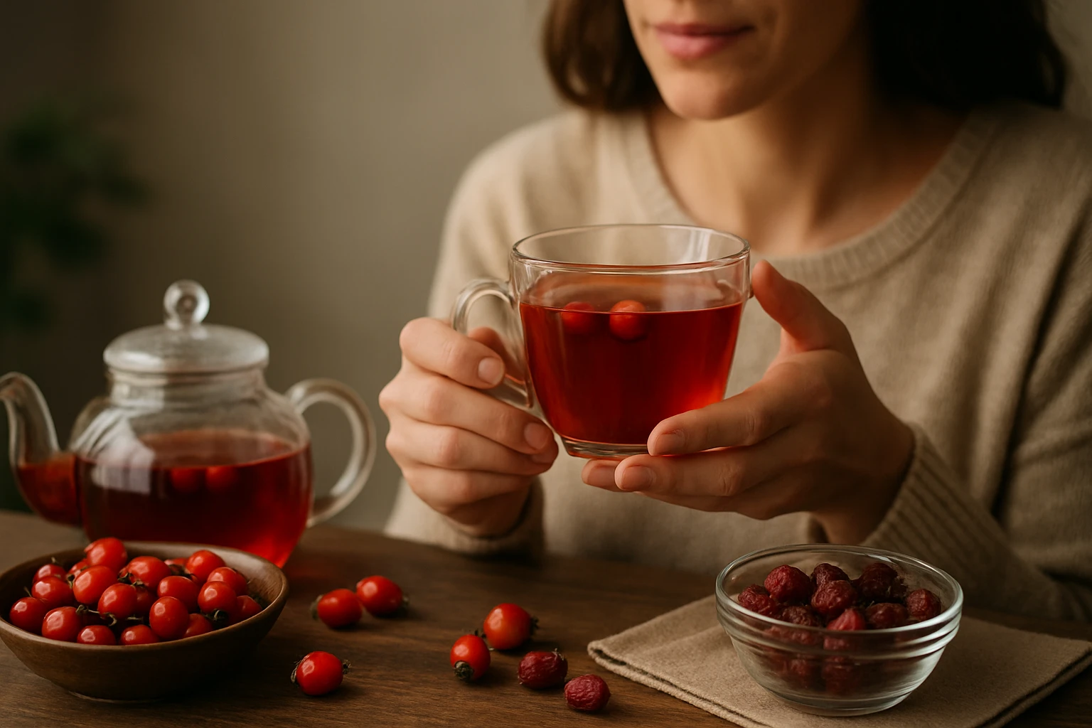 Žena drží šípkový čaj s bobuľami, vedľa je čajník a miska s šípkami.