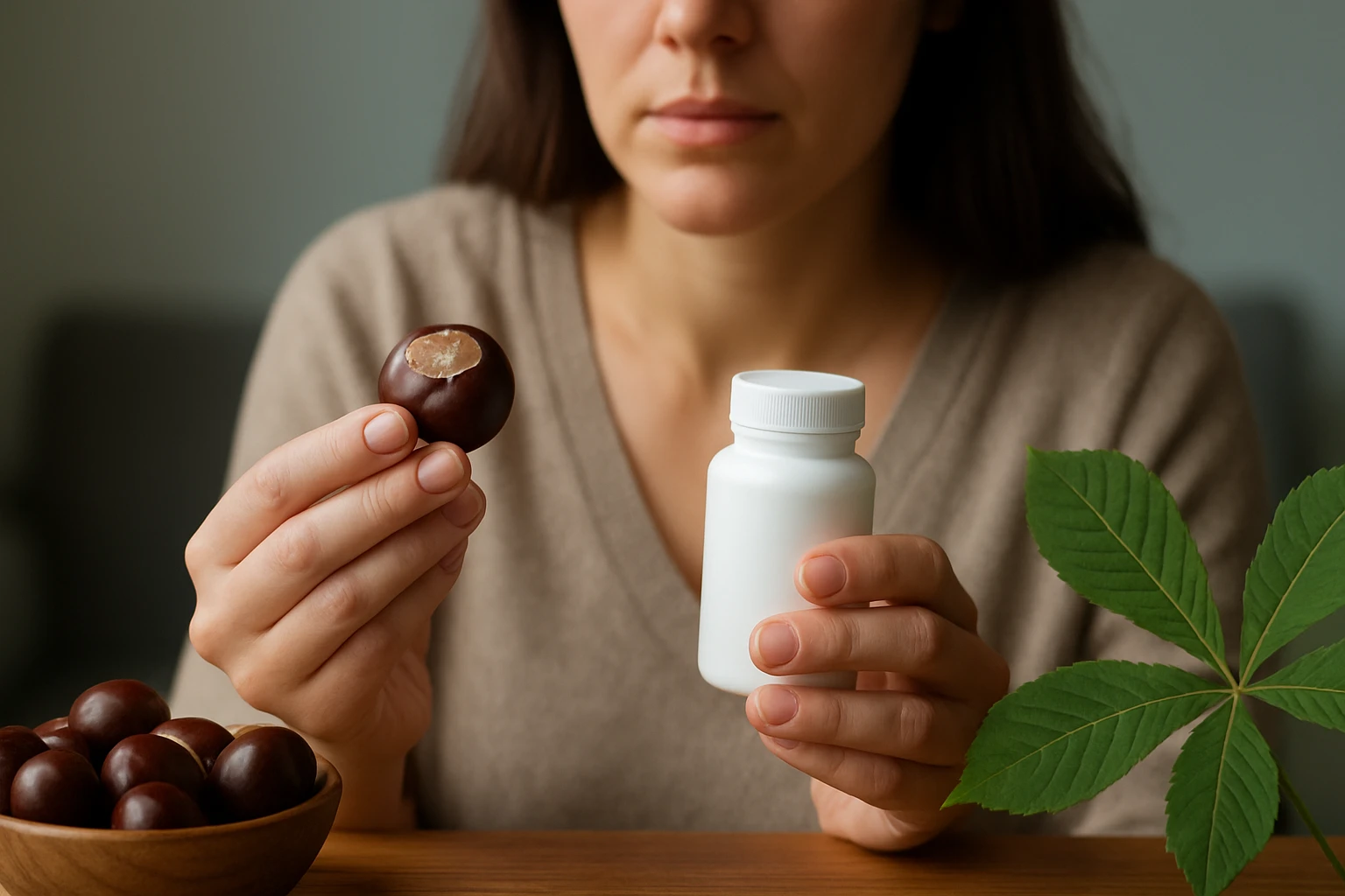 Žena drží plod pagaštanu a fľašu s tabletami z pagaštanu konského