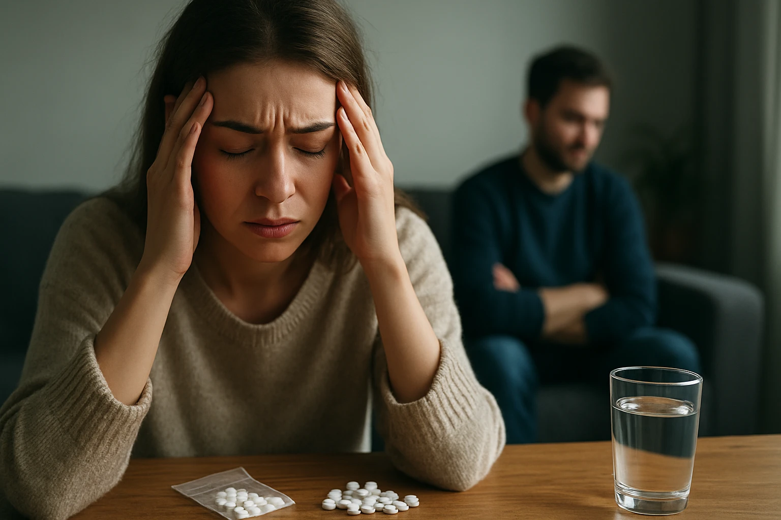 Žena zažívajúca ťažkosti po užití extázy s tabletami a pohárom vody.