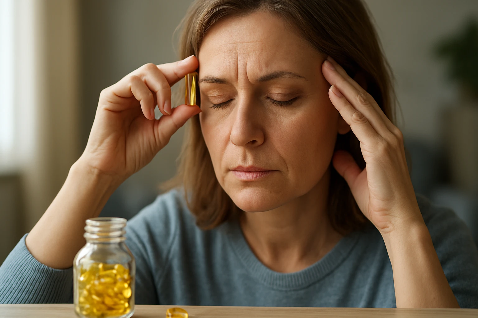 Žena s rybím olejom, ktorý podporuje zdravie nervového systému.