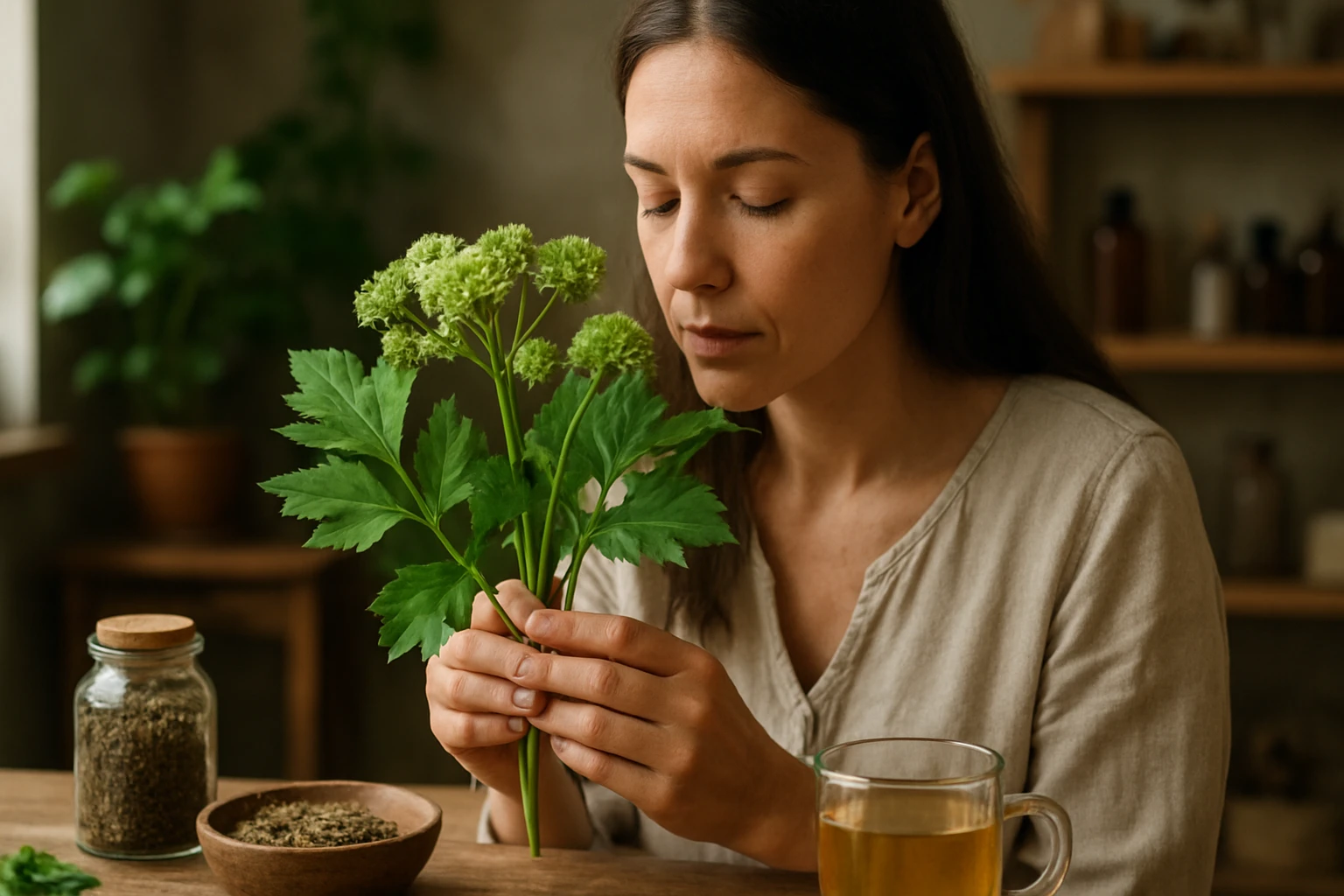 Žena s archangelikou, liečivou bylinou, v prírodnej lekárni
