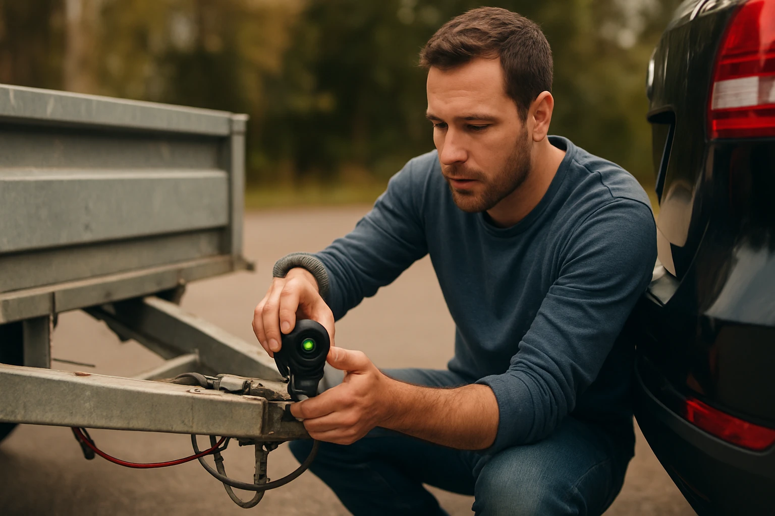 Muž kontroluje indikátor ťažného zariadenia na prívese.