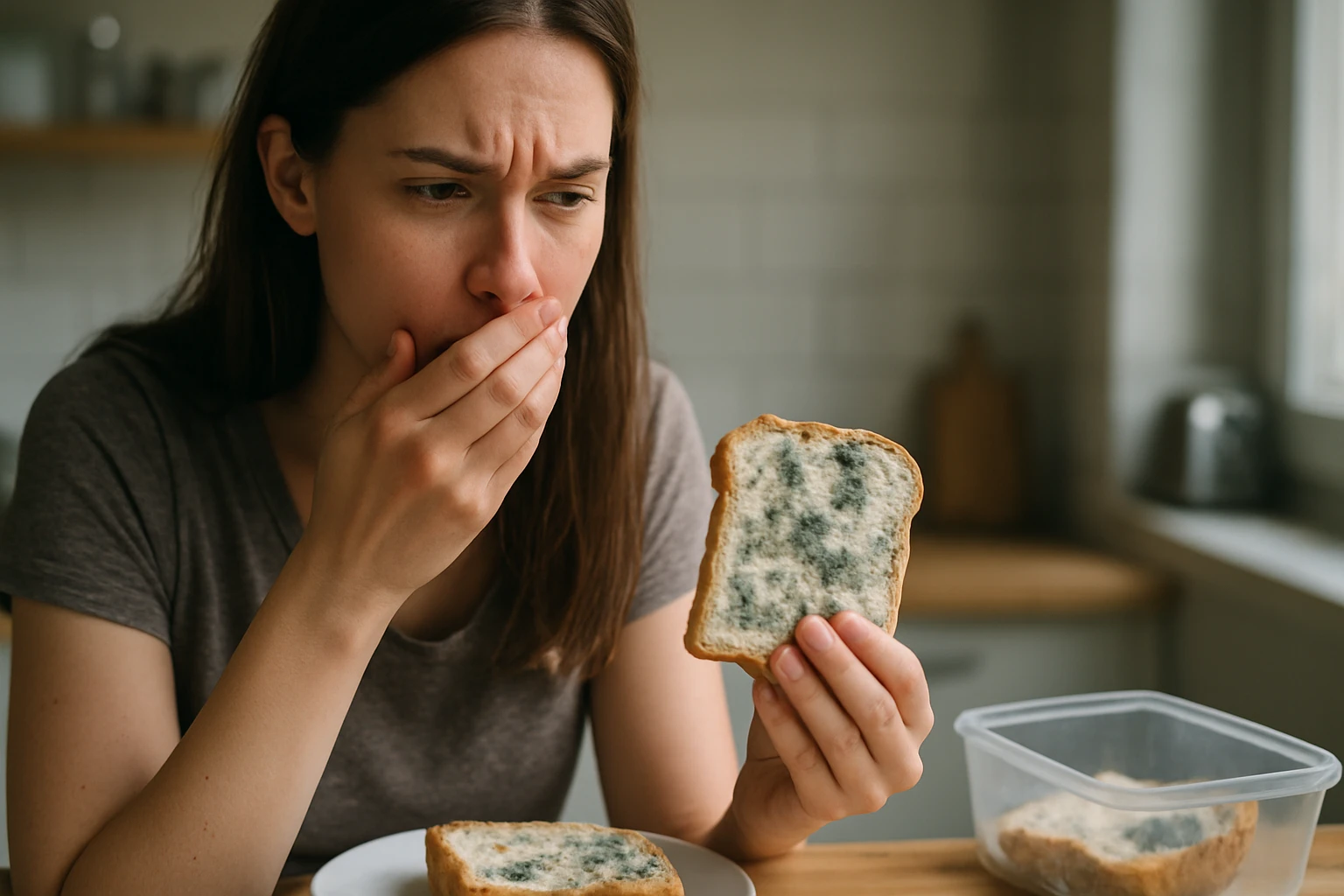 Žena so plesnivým chlebom v ruke, šokovaná a znepokojená