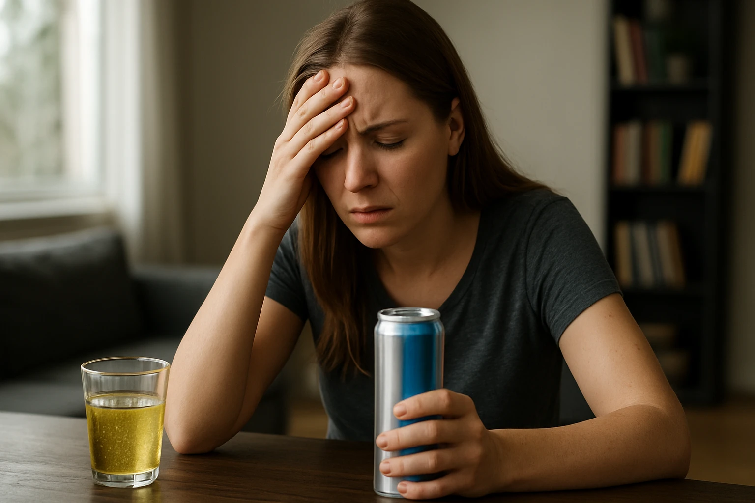 Žena so zvýšenou úzkosťou pri energetickom nápoji na stole.