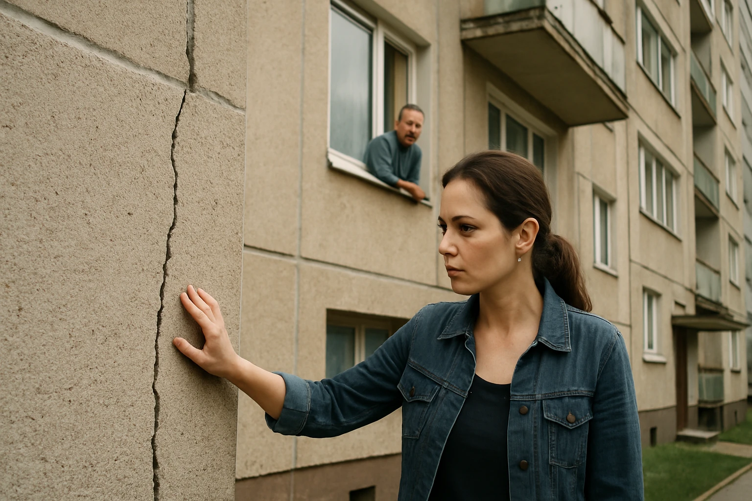 Žena skúma praskliny na sendvičovom panelovom dome.